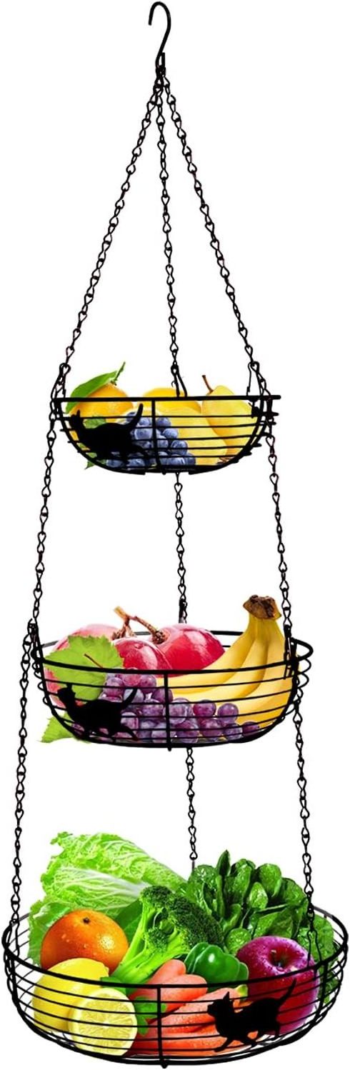 3 Tier Hanging Basket Organizer Kitchen Storage with 2 Metal Ceiling Hooks, Detachable Round Wire Fruit Basket