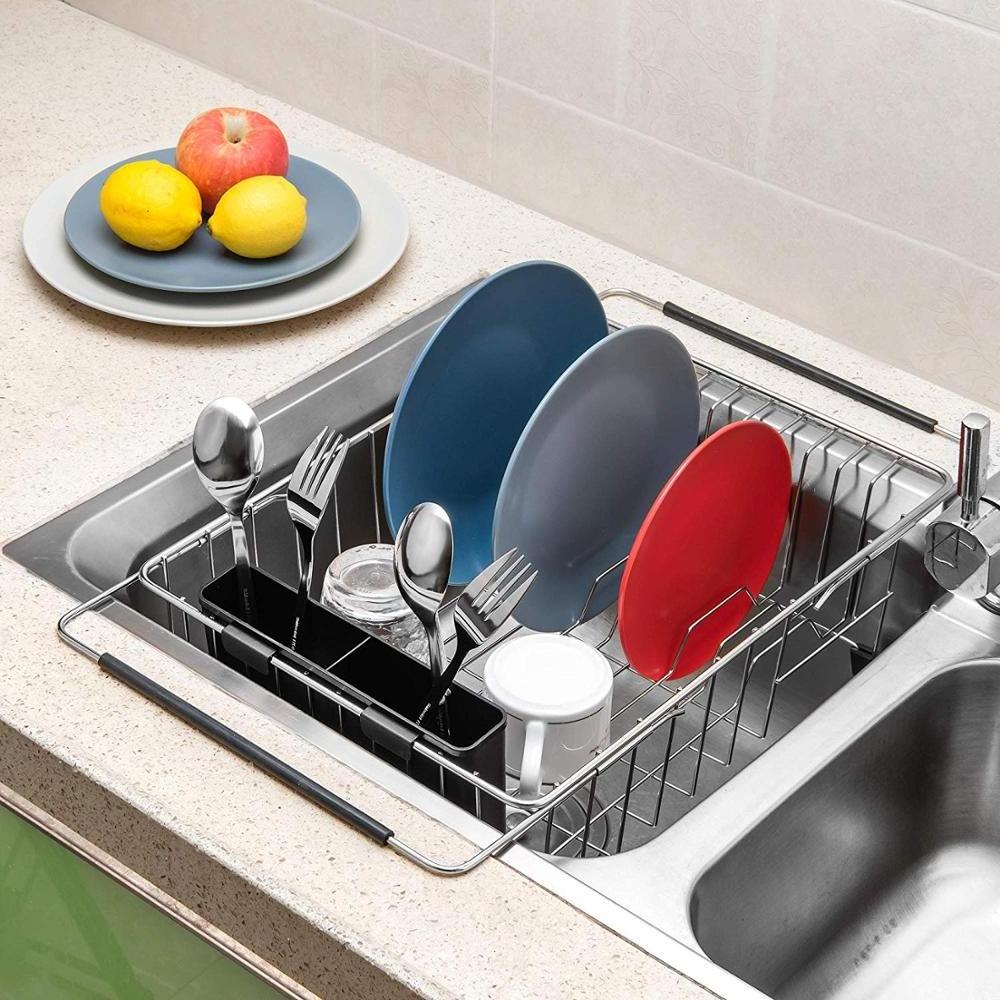 Expandable Deep Dish Drying Rack with Black Utensil Cutlery Holder, Over the Sink, In Sink Or On Counter Dish Drainer