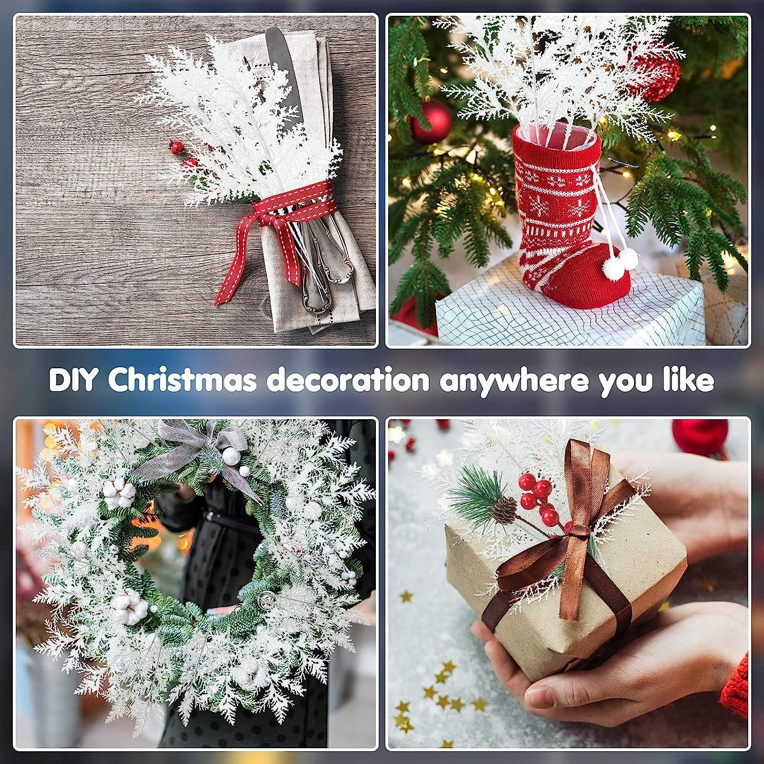 white Glitter Artificial Pine Needles Christmas Floral Picks Branches Glitter  Floral Twig Picks r Greenery Arrangements Tree