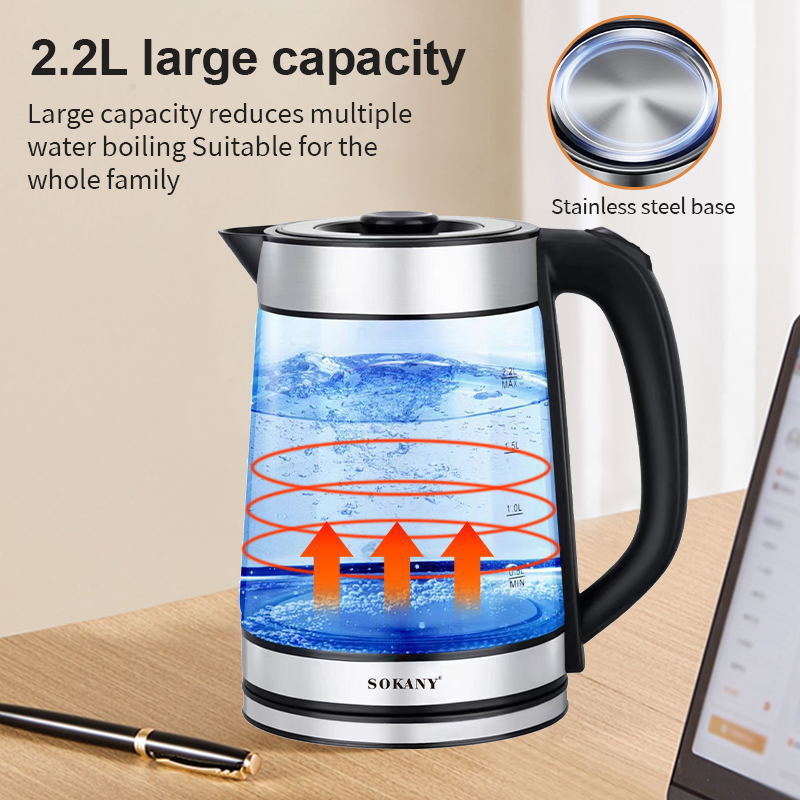 2000W 2.2L Home Kitchen Electric Kettle For Boiling Water Stainless Steel Hotel Tray Whistling Gooseneck Set