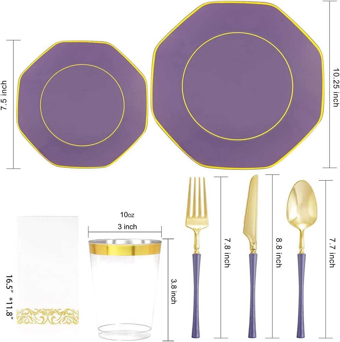 20 Guests Purple Plates with Gold Rim& Gold Disposable Plastic Silverware with Purple Handle