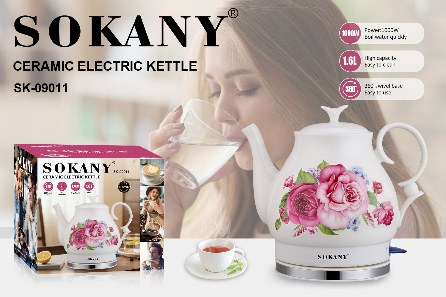 Household Appliances 1.6L 1000W Electric Ceramic Tea Kettle Porcelain Electric Kettle