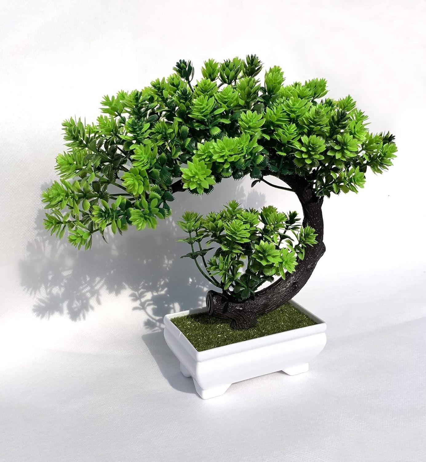 Small Faux Plants - Plastic Artificial Bonsai Tree Emerald Green Decor for Home Bedroom Wall Shelf Office Desk