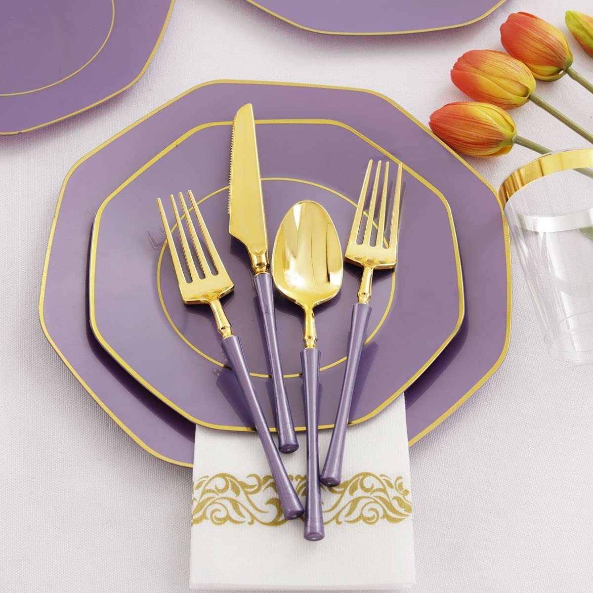 20 Guests Purple Plates with Gold Rim& Gold Disposable Plastic Silverware with Purple Handle