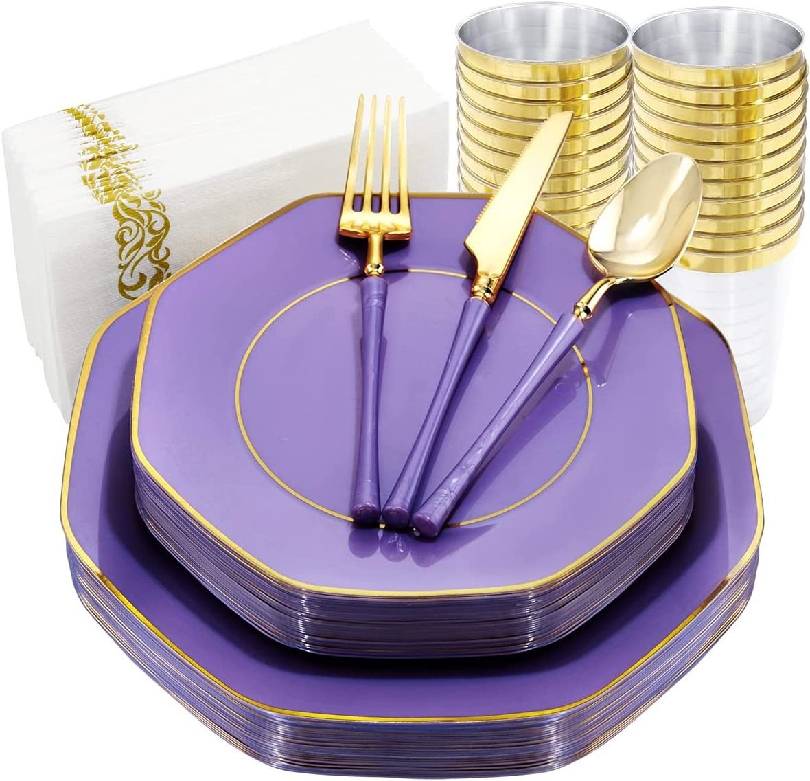 20 Guests Purple Plates with Gold Rim& Gold Disposable Plastic Silverware with Purple Handle