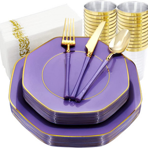 20 Guests Purple Plates with Gold Rim& Gold Disposable Plastic Silverware with Purple Handle