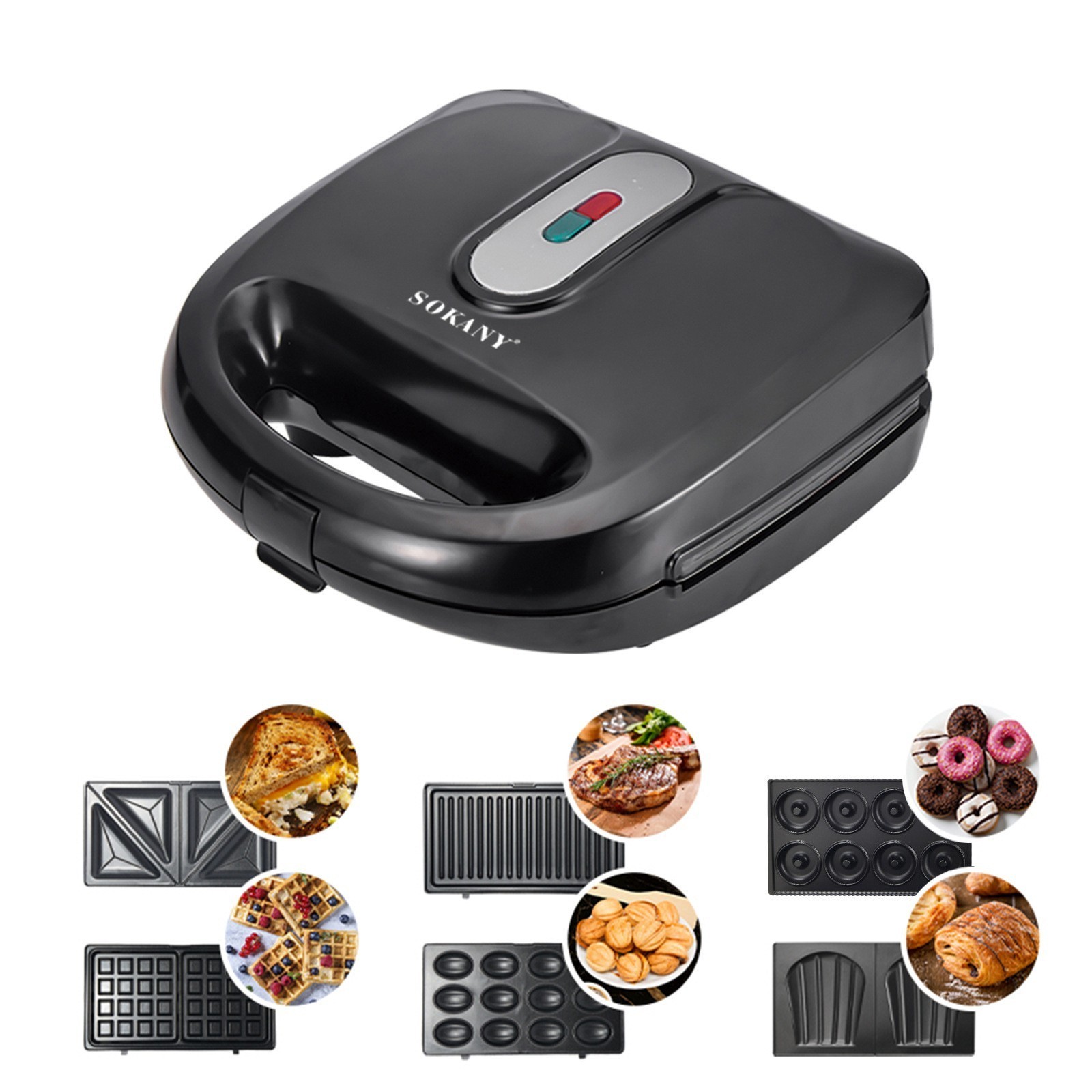 Double sided heating series 6 in 1 sandwich waffle manufacturer 750W detachable non stick toaster