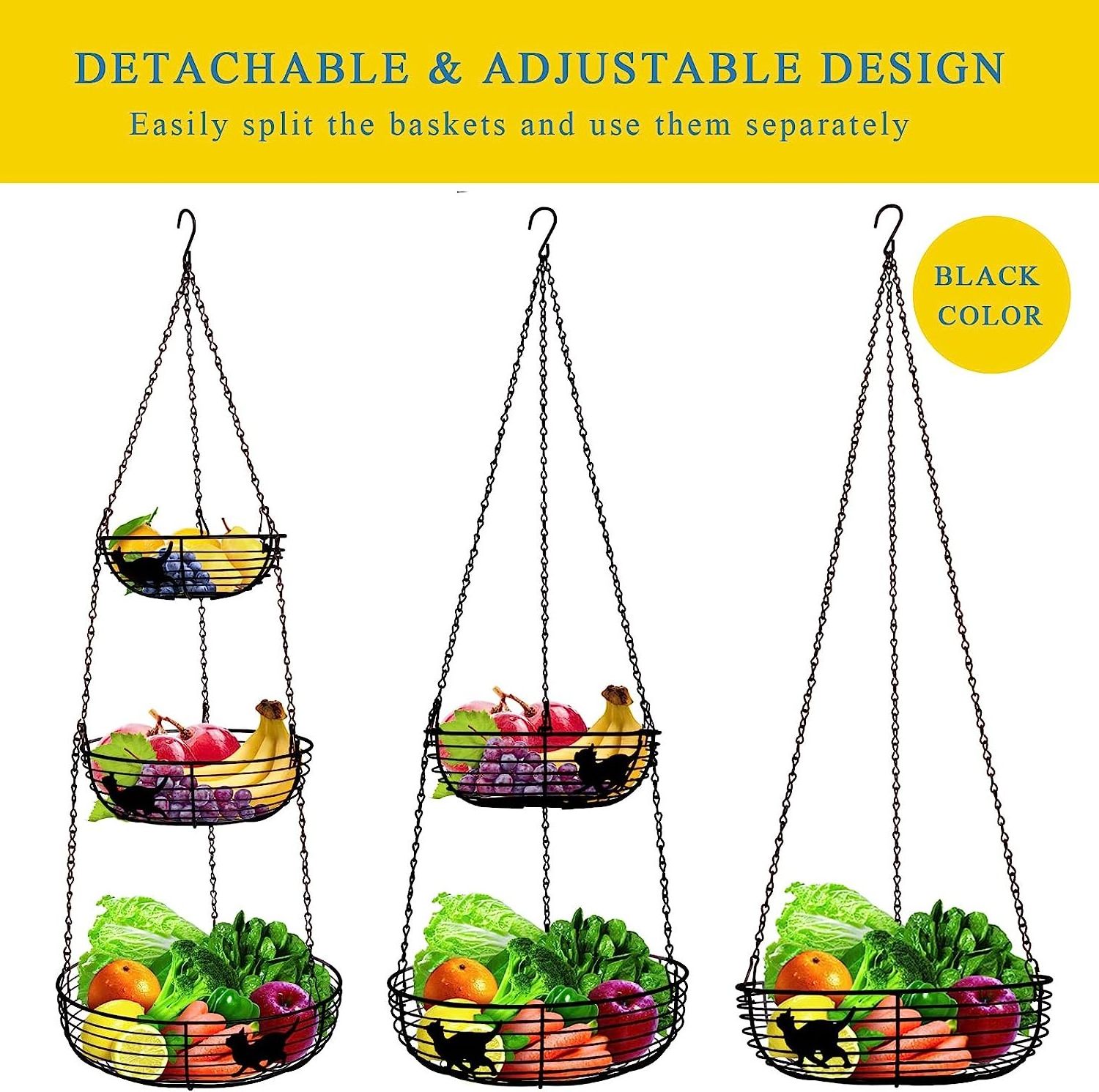 3 Tier Hanging Basket Organizer Kitchen Storage with 2 Metal Ceiling Hooks, Detachable Round Wire Fruit Basket