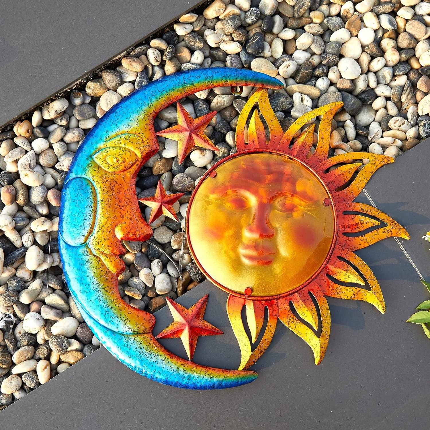 Metal Sun Outdoor Wall Art Decor Large 18 Inch with Moon & Stars, Hanging  Fence Deck Yard Pool Wall Sculpture Decoration