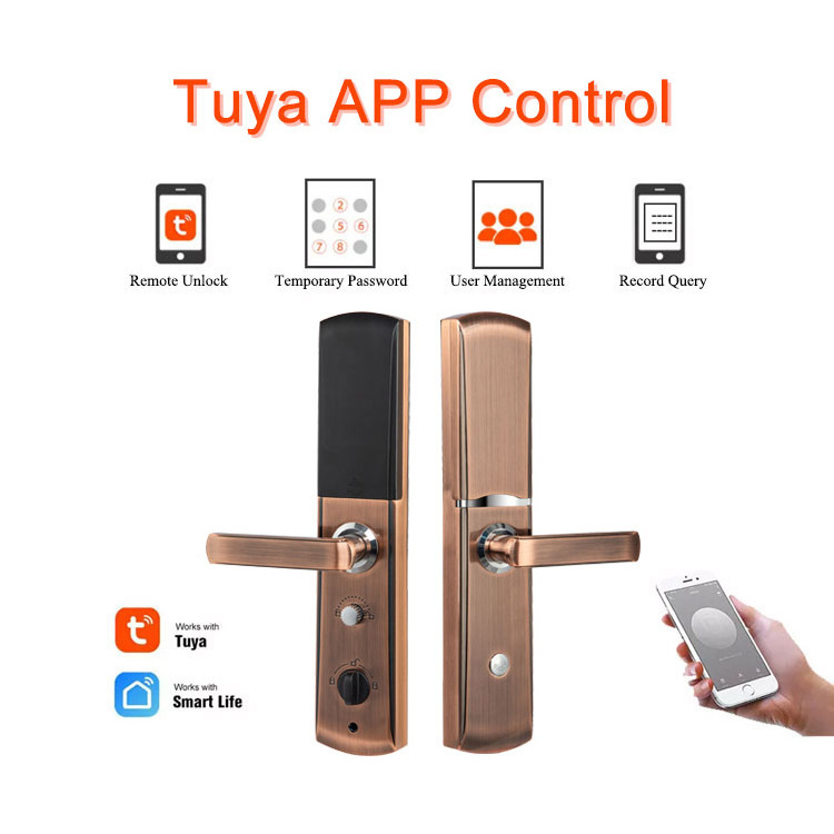 security Tuya wifi Biometric Fingerprint Password Key Card Smart main Door Lock handle with Digital Keyless entry locks for home