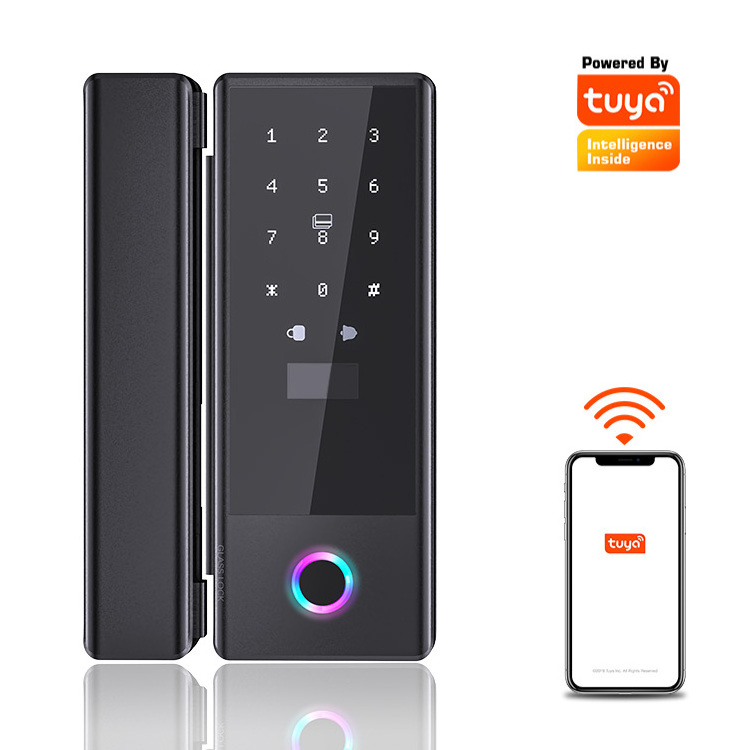 TTlock BLE Tuya Wifi Wireless Keyless Glass Door Lock Biometric Fingerprint High Quality Frameless Smart Sliding Glass Door Lock