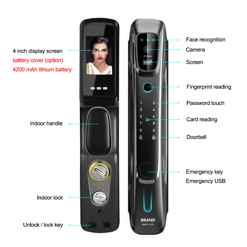 Wholesale Factory Price 3D Face & Fingerprint Recognition Passcode Multi-functional Kedpad Smart Door Lock With Camera