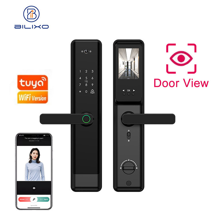 Multi-language Wifi Tuya Smart APP Control Digital Fingerprint Code Card Unlock Smart Camera Door Lock For Smart Home