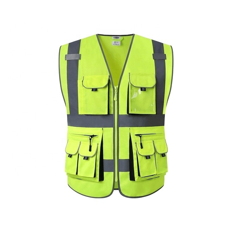 Men's construction site reflective safety work jacket with multiple pockets and mesh reflective vest