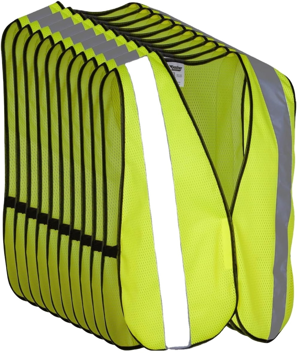 Adjustable High Visibility Bright Neon Yellow Orange Breathable Polyester Mesh Fabric ANSI ISEA Class 2 Hi Viz Safety Vest