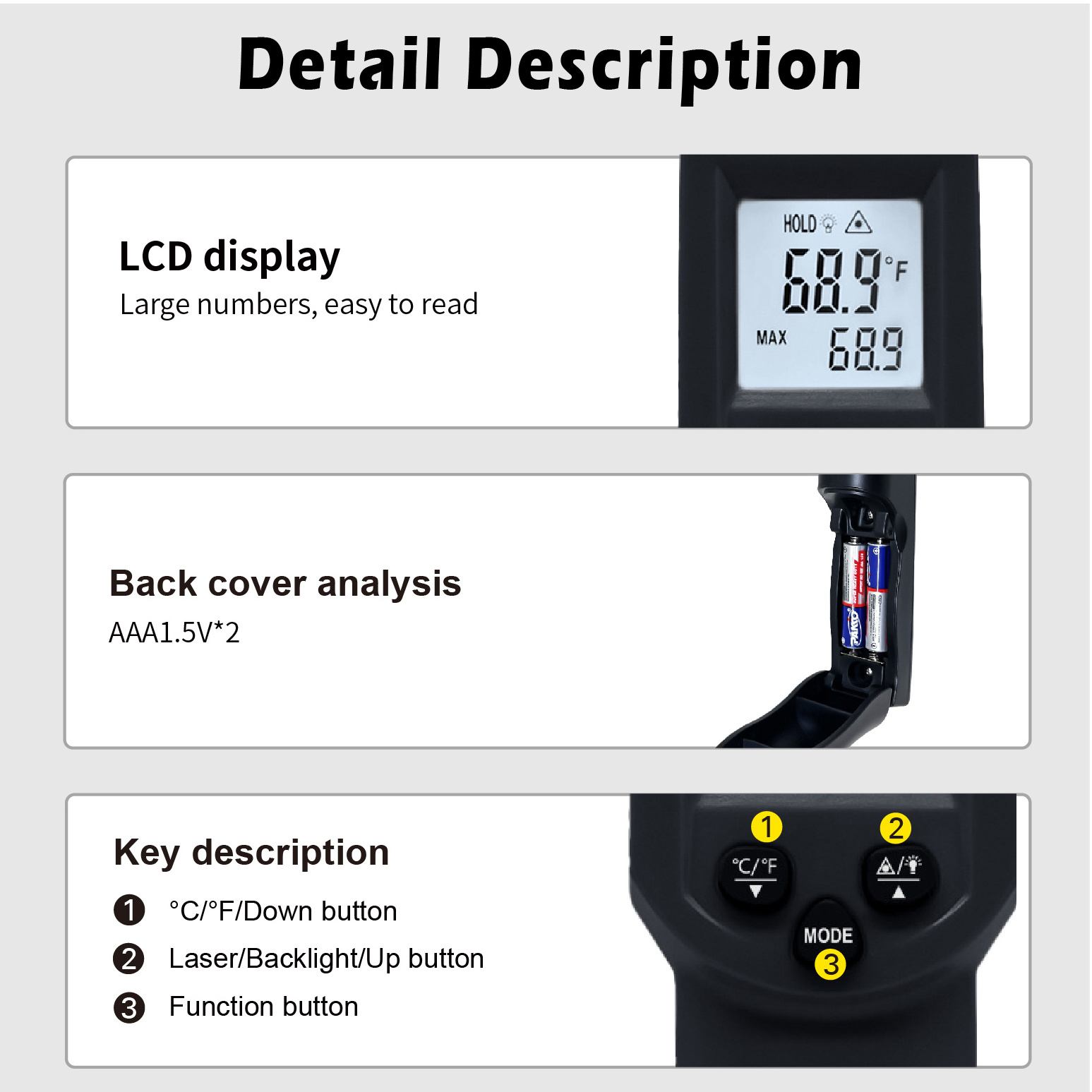 Industrial Thermometer infrared Laser thermometer with  Backlight LCD Display infrared gun