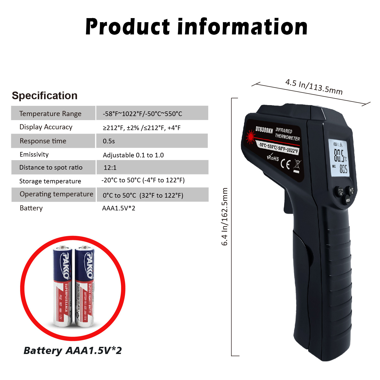 Industrial Thermometer infrared Laser thermometer with  Backlight LCD Display infrared gun