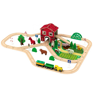 2022 wooden toys train track set railway arm wooden train set 2 buyers  wooden farm train set  for kids