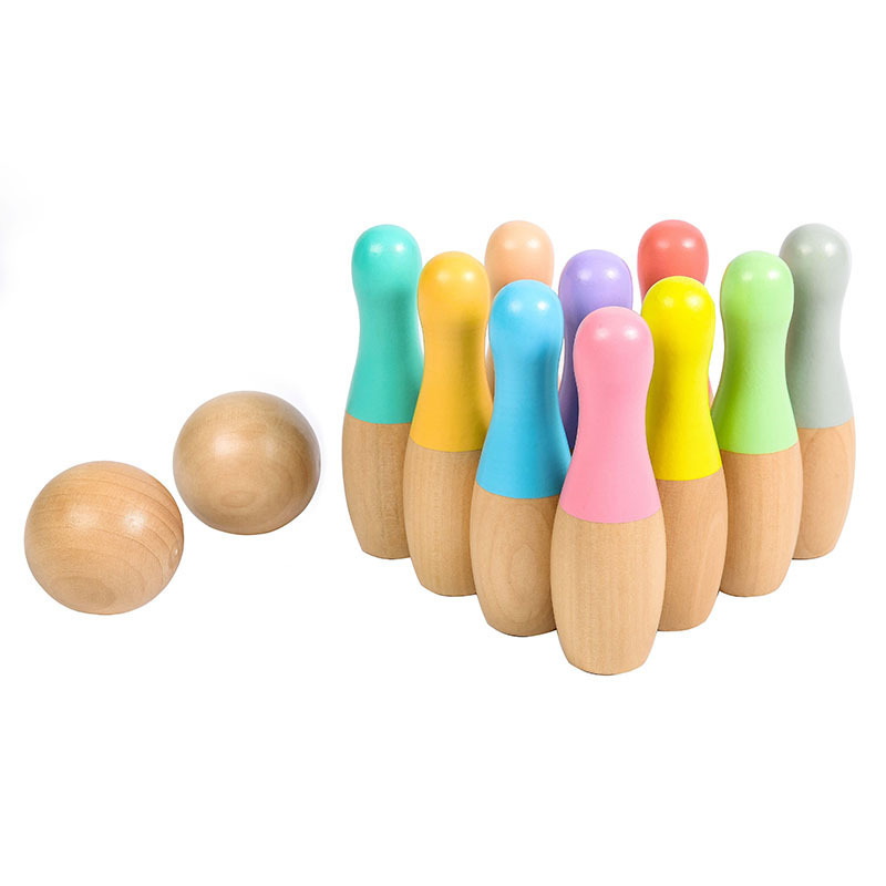 Wood Natural Bowling Set Ball Toys Wooden Toys Parent-child Sports Boys and Girls Baby Toys Rainbow Kids