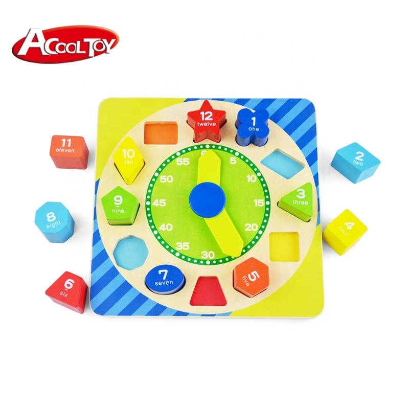 kids wooden blocks Classic Educational Toy 12pcs learning shape sorter wooden clock toy kids