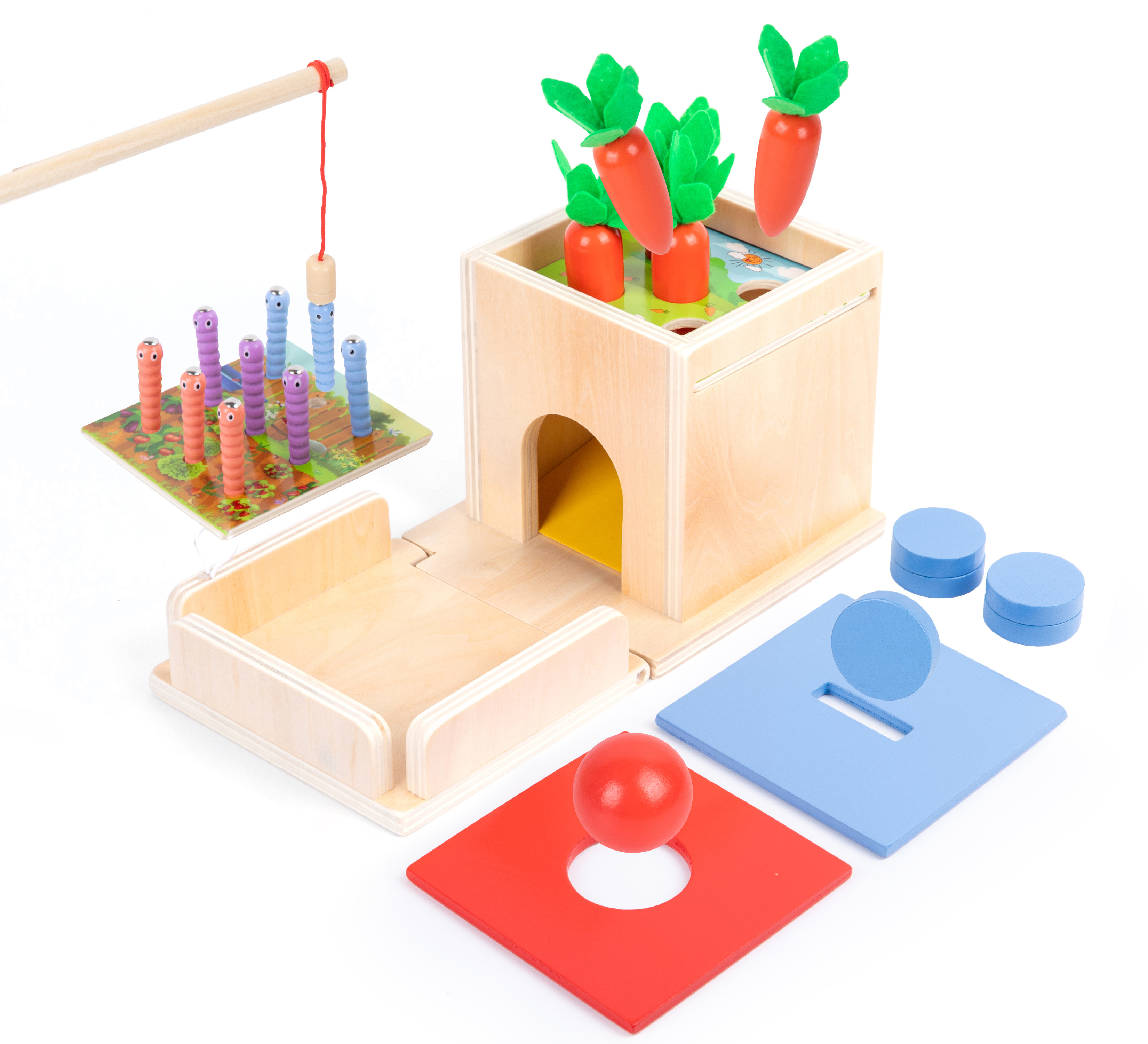 New Montessori Teaching Aids Wooden Farm Pull Radish Toy Montessori Coin Box Wooden Object Permanence Box Ball Drop Learning Toy