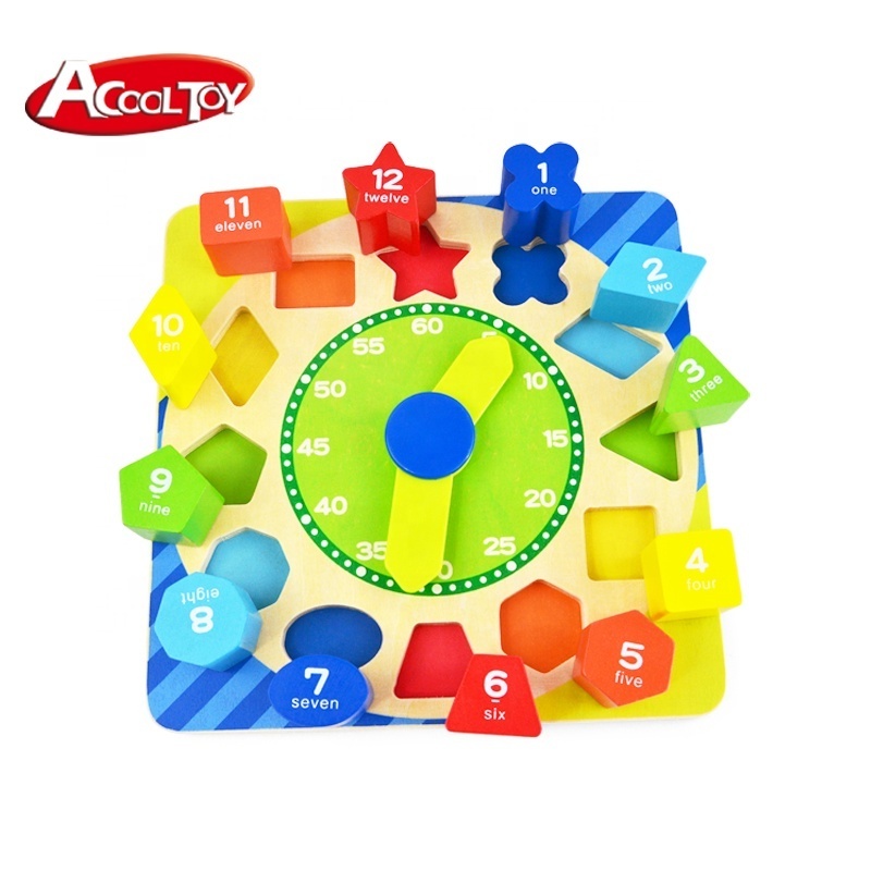 kids wooden blocks Classic Educational Toy 12pcs learning shape sorter wooden clock toy kids