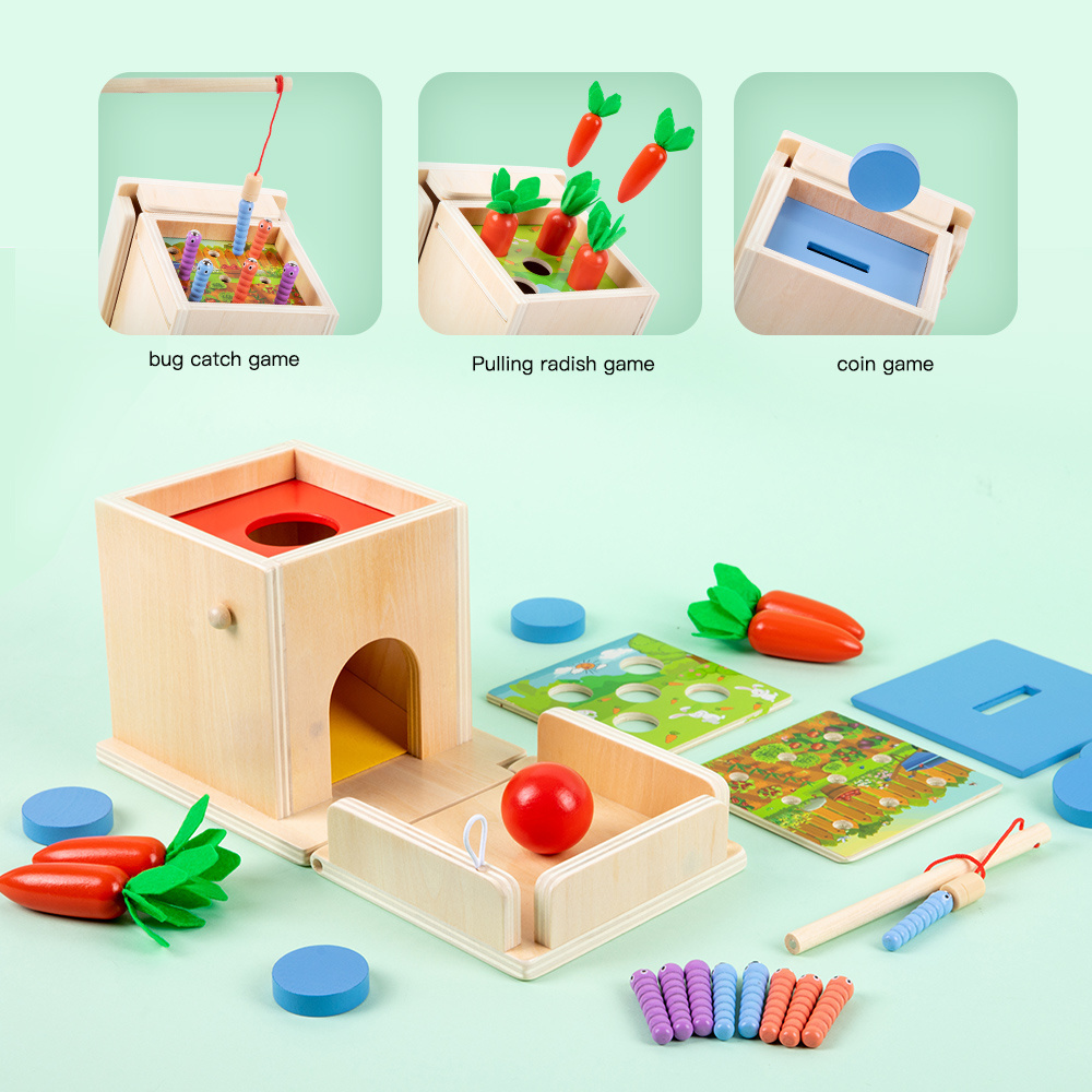 New Montessori Teaching Aids Wooden Farm Pull Radish Toy Montessori Coin Box Wooden Object Permanence Box Ball Drop Learning Toy