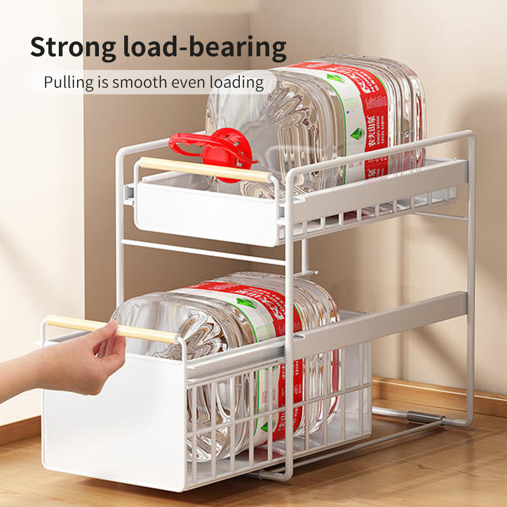 2 Tier Metal Spice Holder Organizer Under Kitchen Sink Pull Out Cabinet Storage Shelves with Sliding Drawer