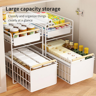 2 Tier Metal Spice Holder Organizer Under Kitchen Sink Pull Out Cabinet Storage Shelves with Sliding Drawer