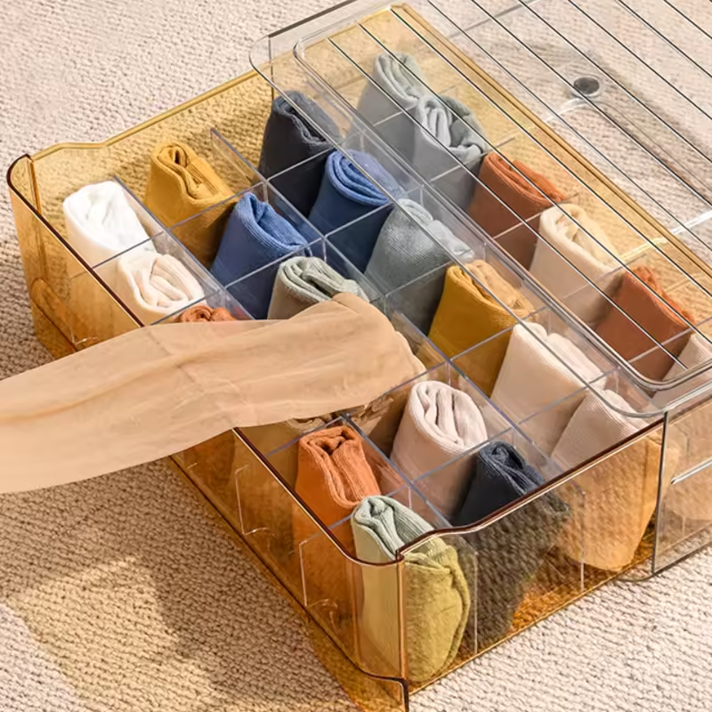 Stackable Clear Drawer Storage Boxes Three-In-One Grid Underwear Socks Storage Organizers for Closet