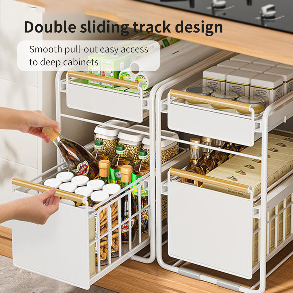 2 Tier Metal Spice Holder Organizer Under Kitchen Sink Pull Out Cabinet Storage Shelves with Sliding Drawer