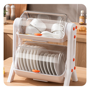 Dustproof Tableware Products Organizer Plastic Dish Drying Storage Rack Bowl Plate Drainer Rack with Cover for Kitchen