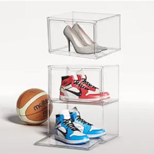 Modern Clear Glossy Rectangle Acrylic Shoes Sneakers Display Bins Foldable Plastic  Storage Boxes and Containers for Books Bags