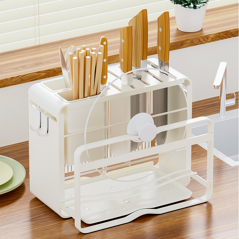 Wholesale Home and Kitchen Cutting Board Organizer Knife Utensil Set Holder Pot Lid Rack Cookware Storage Stand with Drain Tray