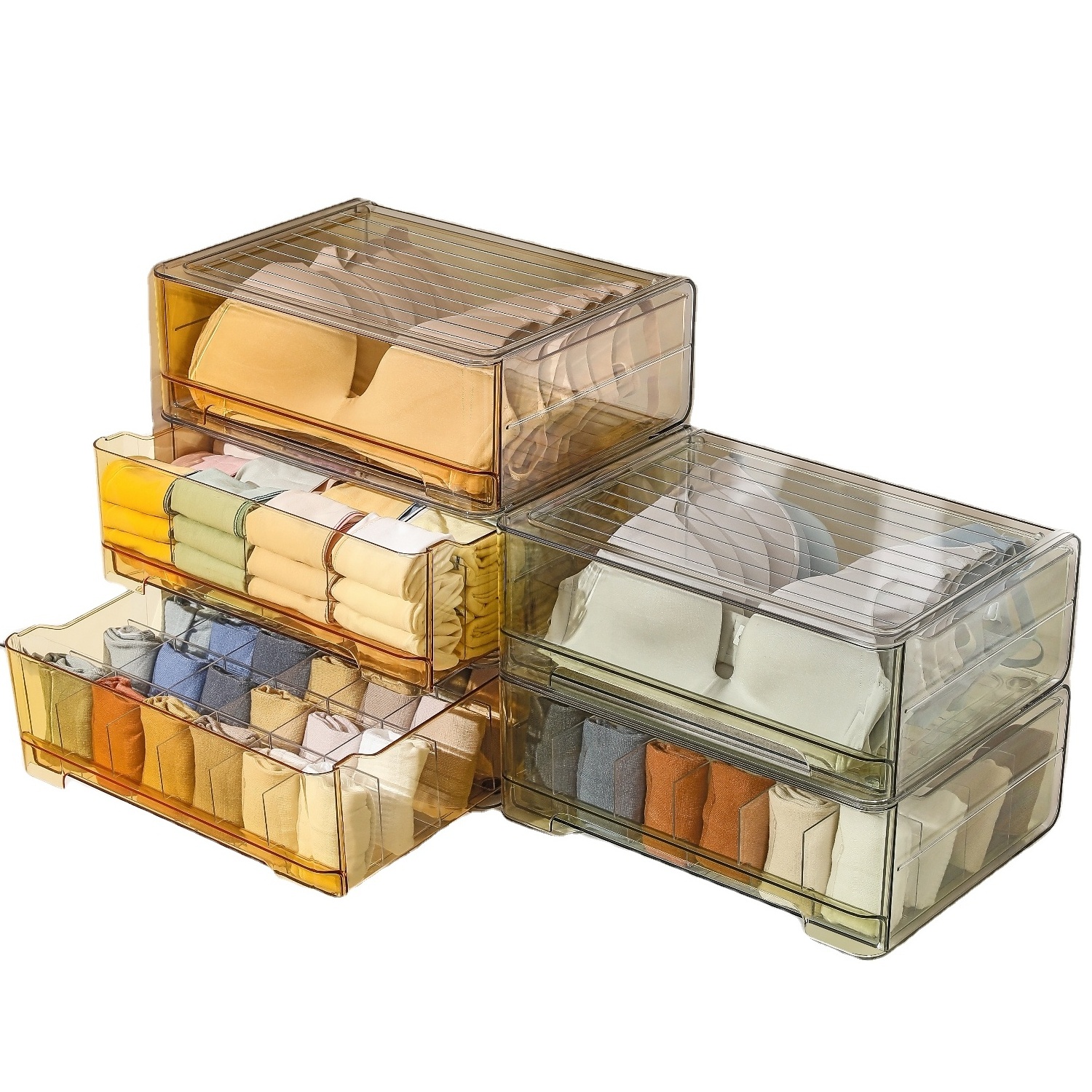 Stackable Clear Drawer Storage Boxes Three-In-One Grid Underwear Socks Storage Organizers for Closet