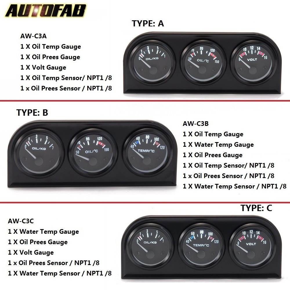 AUTOFAB- Auto 52mm Triple Gauge Kit 3in1 Volt /Water Temp Gauge /Oil Pressure Gauge Or Oil Temp Meter W Sensor AF-AW-C3