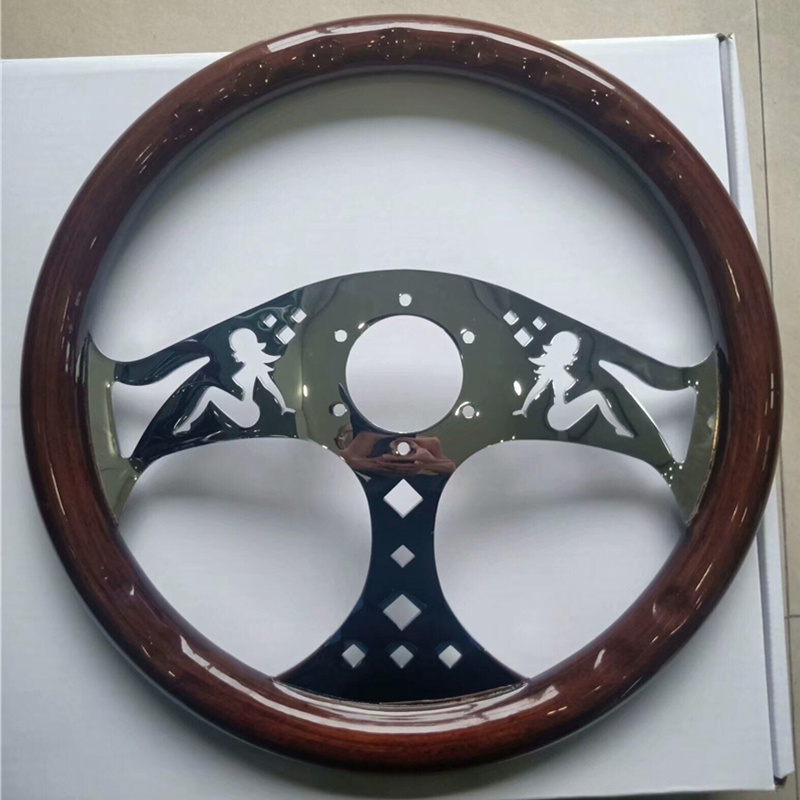 380mm wood steering wheel 15'' Cars For Classic Cars Wooden Material With Chrome Silver Spoke car steering wheel Brand New style