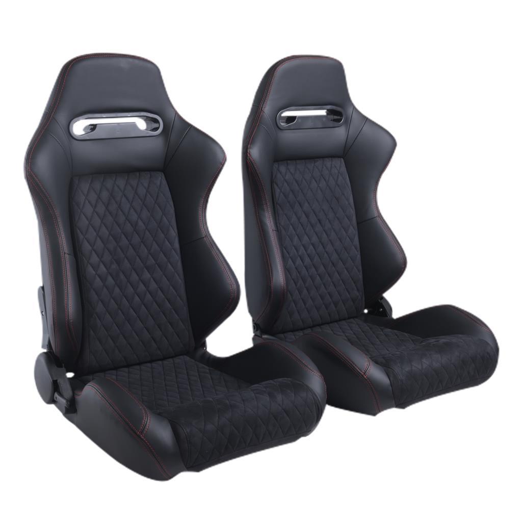 EPMAN Reclinable Black JDM Sport Racing Bucket Seats Slider Red Stitching Black Suede Left Right JBR1035BR