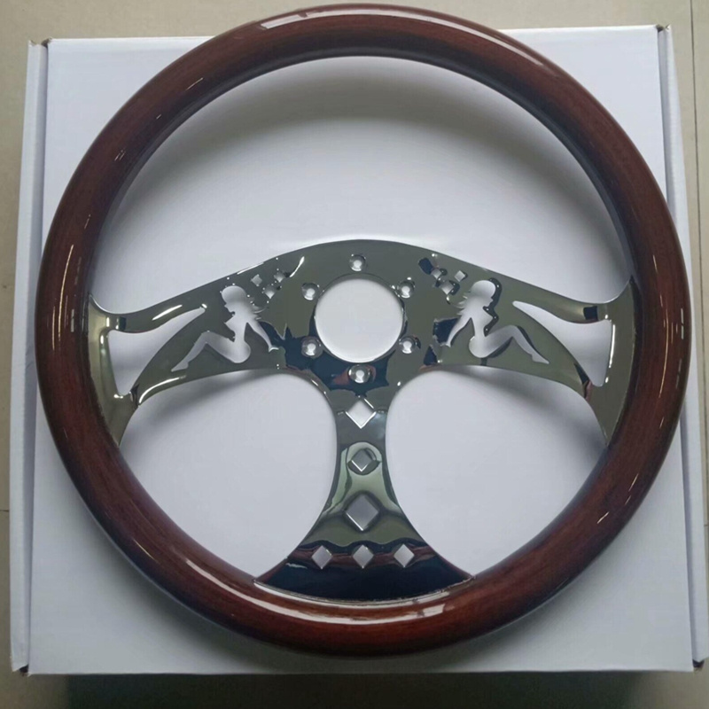 380mm wood steering wheel 15'' Cars For Classic Cars Wooden Material With Chrome Silver Spoke car steering wheel Brand New style