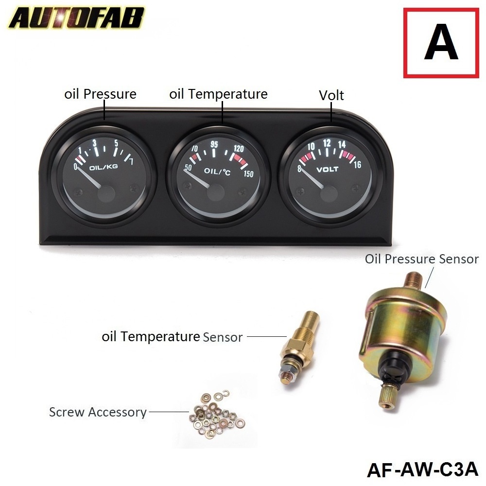 AUTOFAB- Auto 52mm Triple Gauge Kit 3in1 Volt /Water Temp Gauge /Oil Pressure Gauge Or Oil Temp Meter W Sensor AF-AW-C3