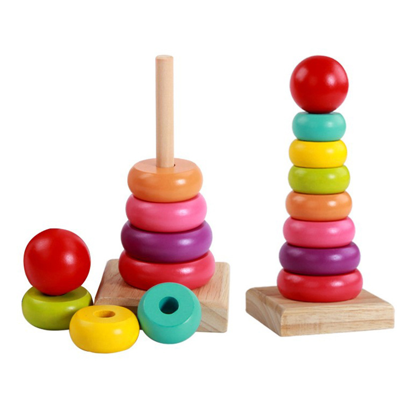 Rainbow Tower Ring Children's Educational Early Education Toys Wooden block Color Cognitive Set Column Building Blocks