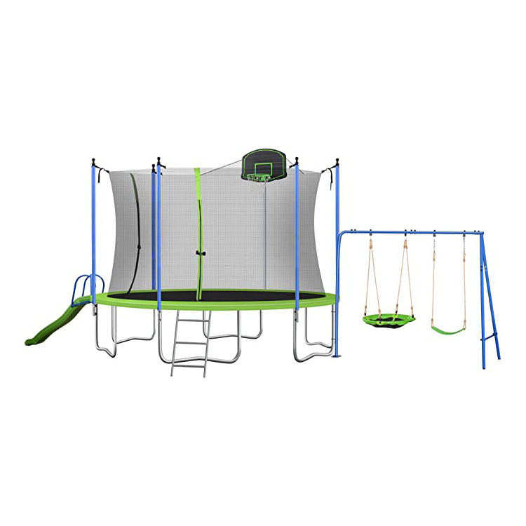 Zoshine 14FT Trampoline Kids Adults Recreational Trampolines  outdoor with Swing Slide Basketball Hoop and Ladder