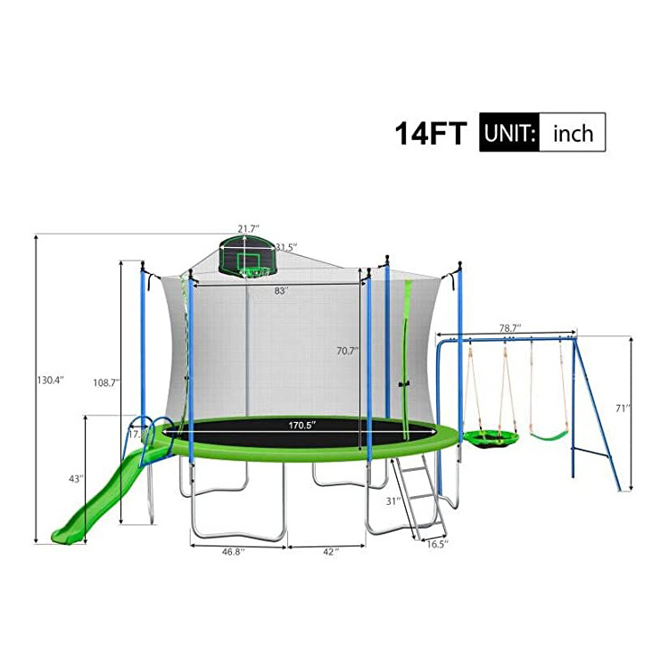 Zoshine 14FT Trampoline Kids Adults Recreational Trampolines  outdoor with Swing Slide Basketball Hoop and Ladder