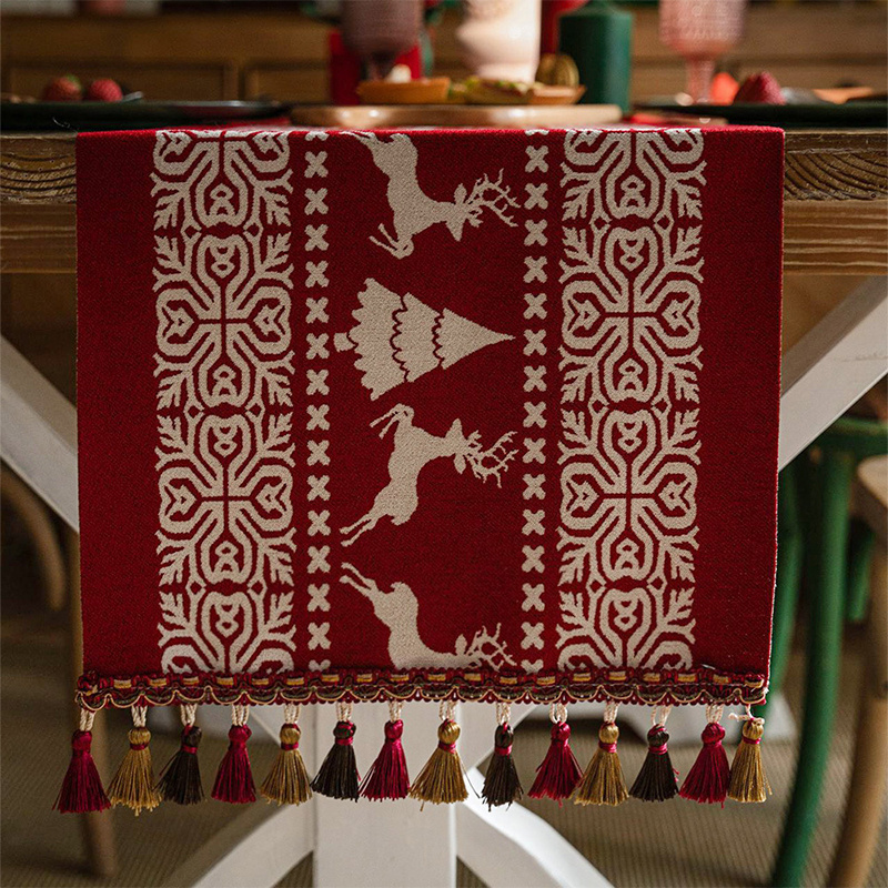 Factory Direct Christmas Red Reindeer Tassel Table Runner