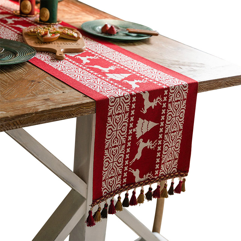 Factory Direct Christmas Red Reindeer Tassel Table Runner