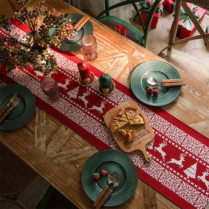 Factory Direct Christmas Red Reindeer Tassel Table Runner