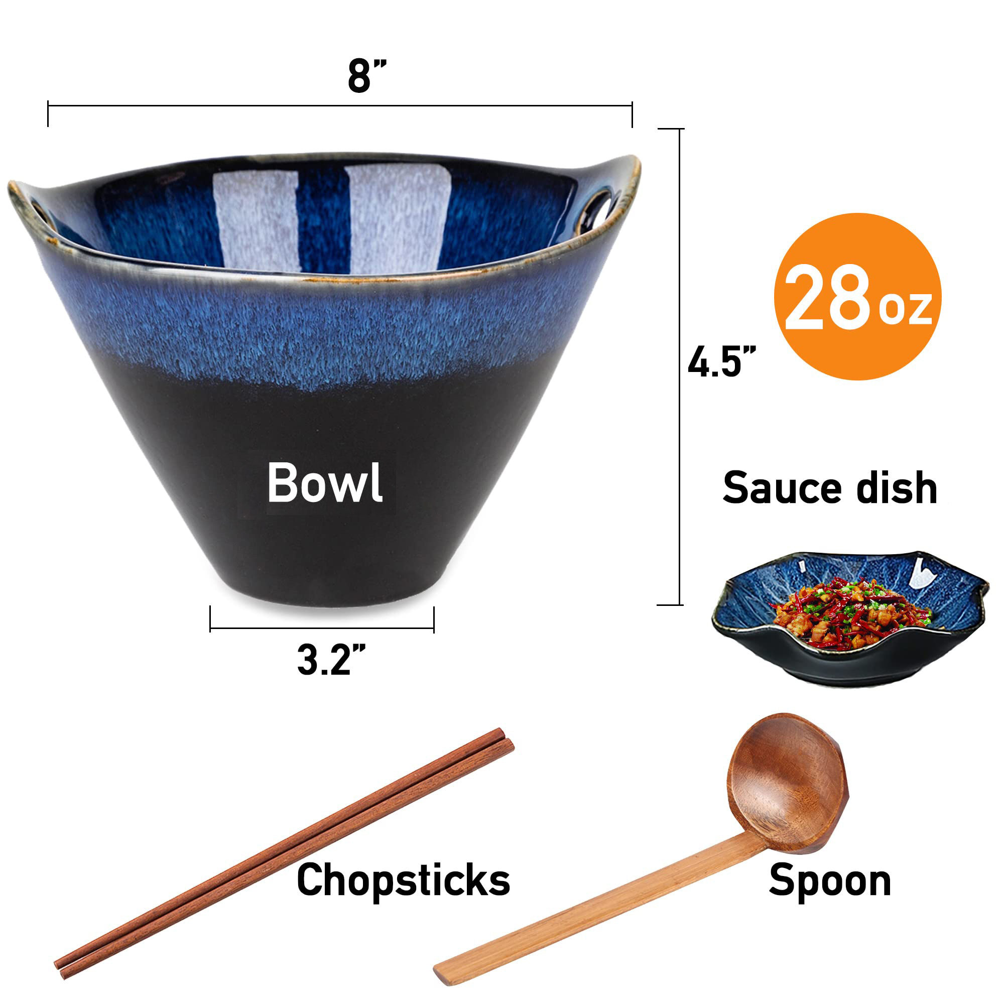 Custom Kitchen Tableware Set Ceramic Noodle Bowl Reactive Glazed Japanese Ramen Bowls with Chopsticks