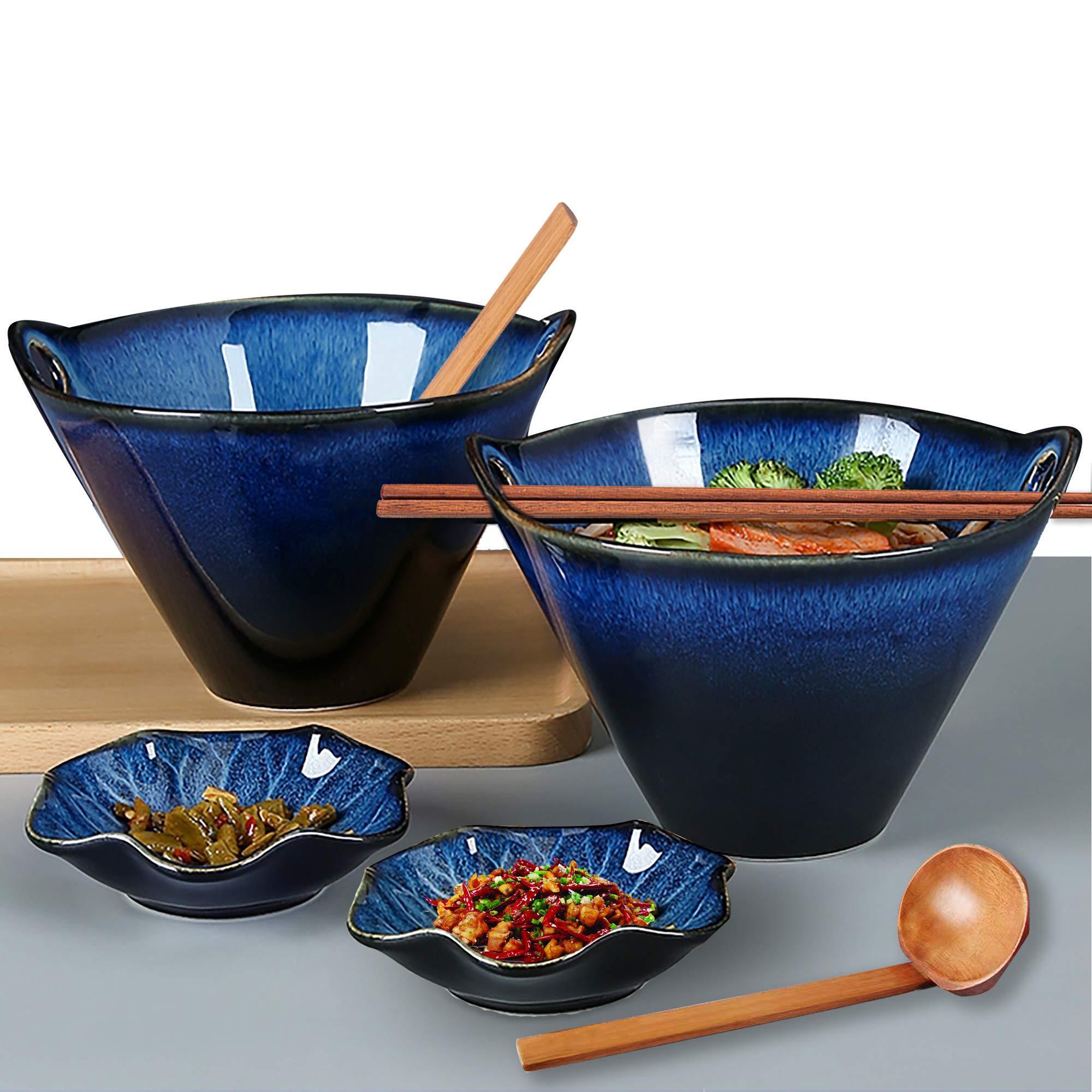 Custom Kitchen Tableware Set Ceramic Noodle Bowl Reactive Glazed Japanese Ramen Bowls with Chopsticks