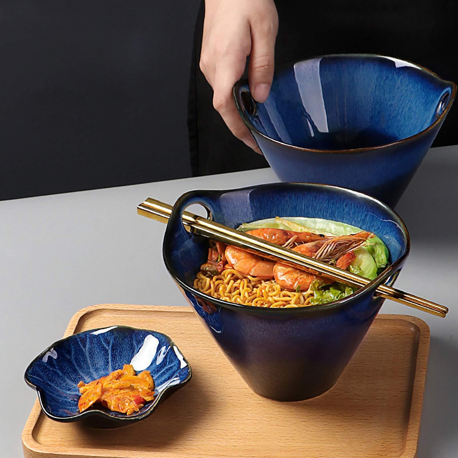 Custom Kitchen Tableware Set Ceramic Noodle Bowl Reactive Glazed Japanese Ramen Bowls with Chopsticks