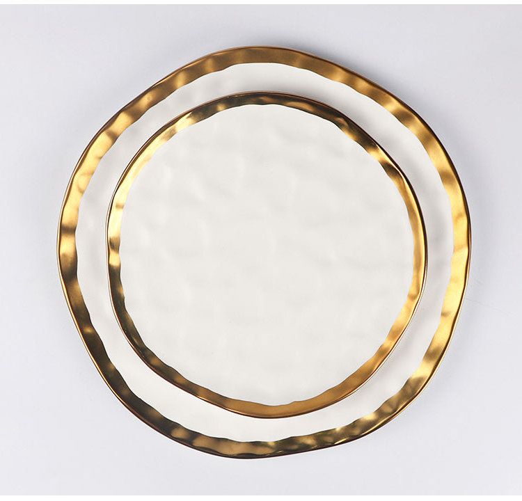 Customized Decor Ceramic Dessert Dishes Charger Plates Wedding Gold Rimmed Dinner Plates